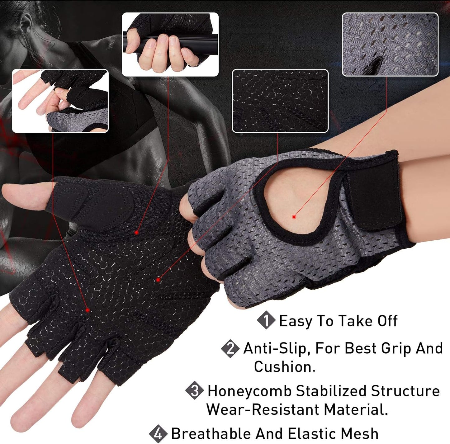2 Pairs Workout Gloves Adjustable Weight Lifting Gym Exercise Training Breathable Workout Gloves with Full Palm Protection for Men and Women Fitness, Biking, Pull Up