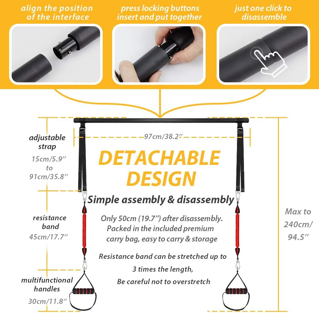 Upgraded 60-180LBS Adjustable Pilates Bar Kit with Resistance Band, Anti-Break, Portable Fitness Exercise Workout Toning Bar Stick for Stretching Twisting Sit-Up, Home Workout Equipment Men Women